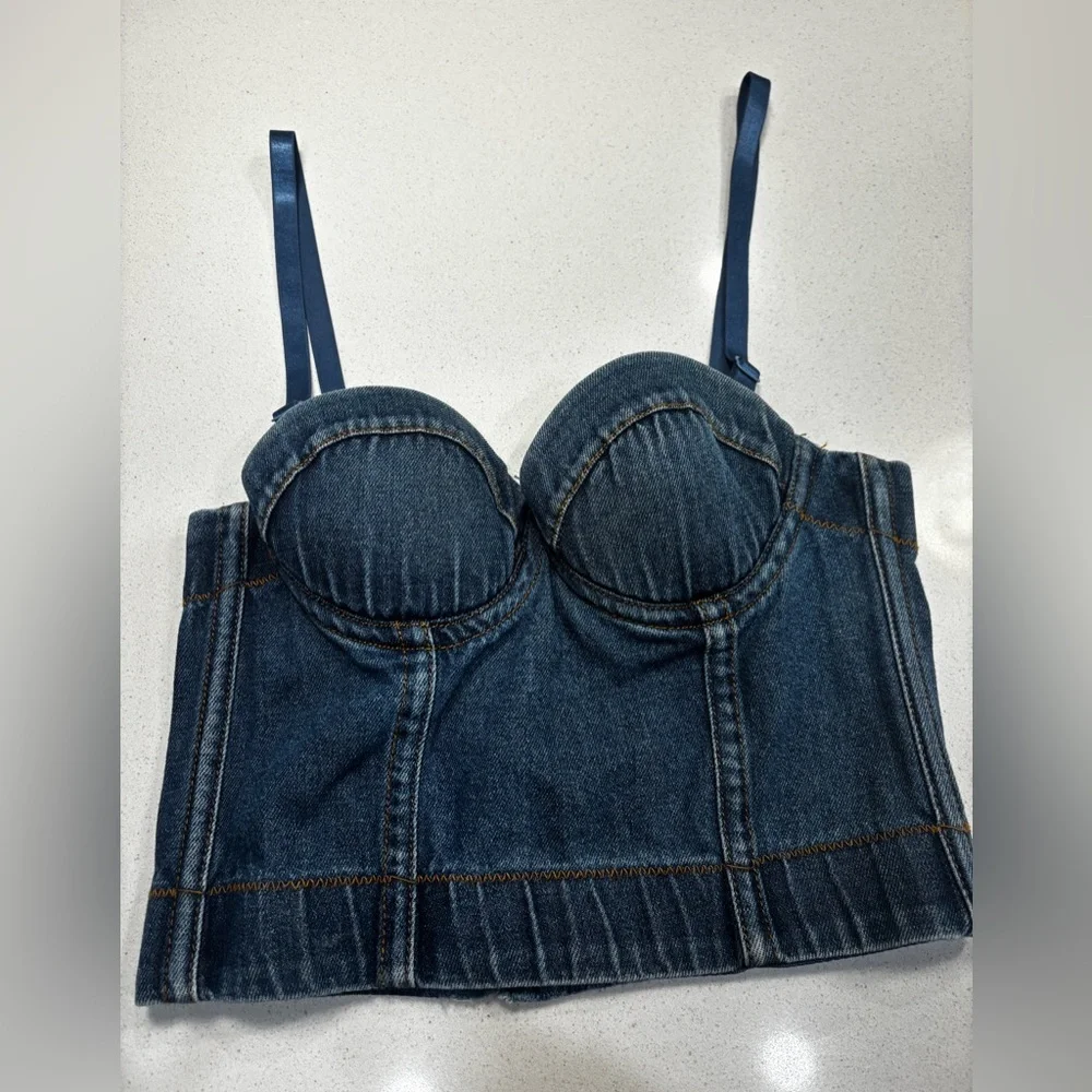 Denim Bustier Top with‎ adjustable Straps and back built in pads Size 34B